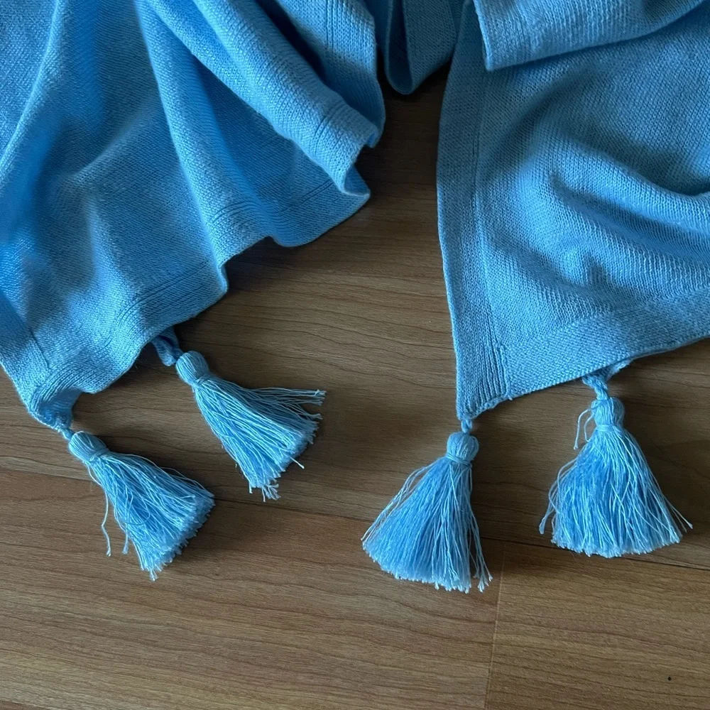 J. Jill Linen-Blend Light Blue Tassel Hem Poncho Top One Size Flowy Boho